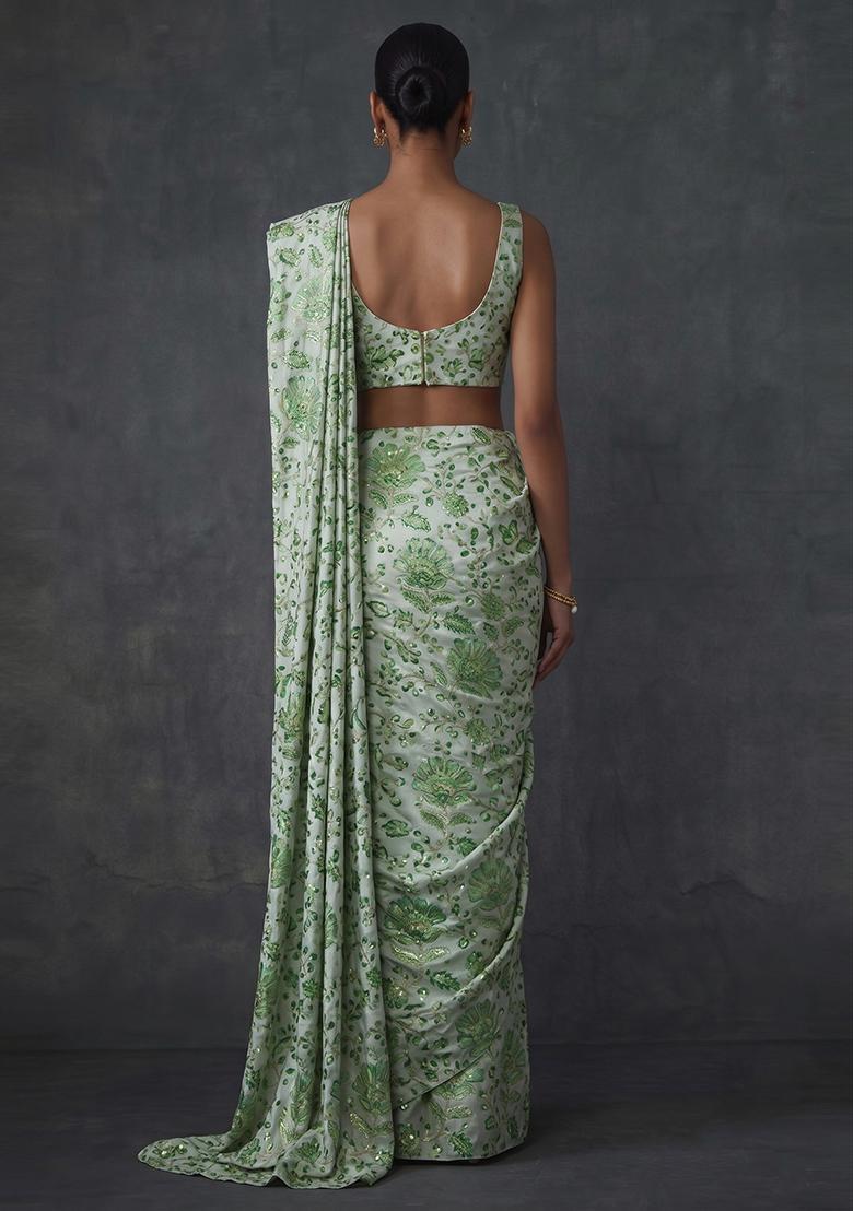 Mint Green Printed Crepe Pre Draped Saree Set - Indya