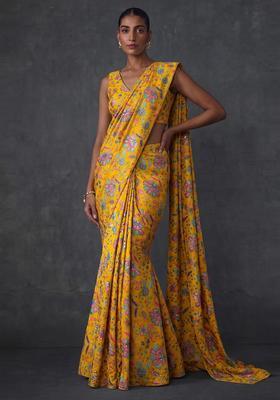 Mustard Printed Crepe Pre Draped Saree Set