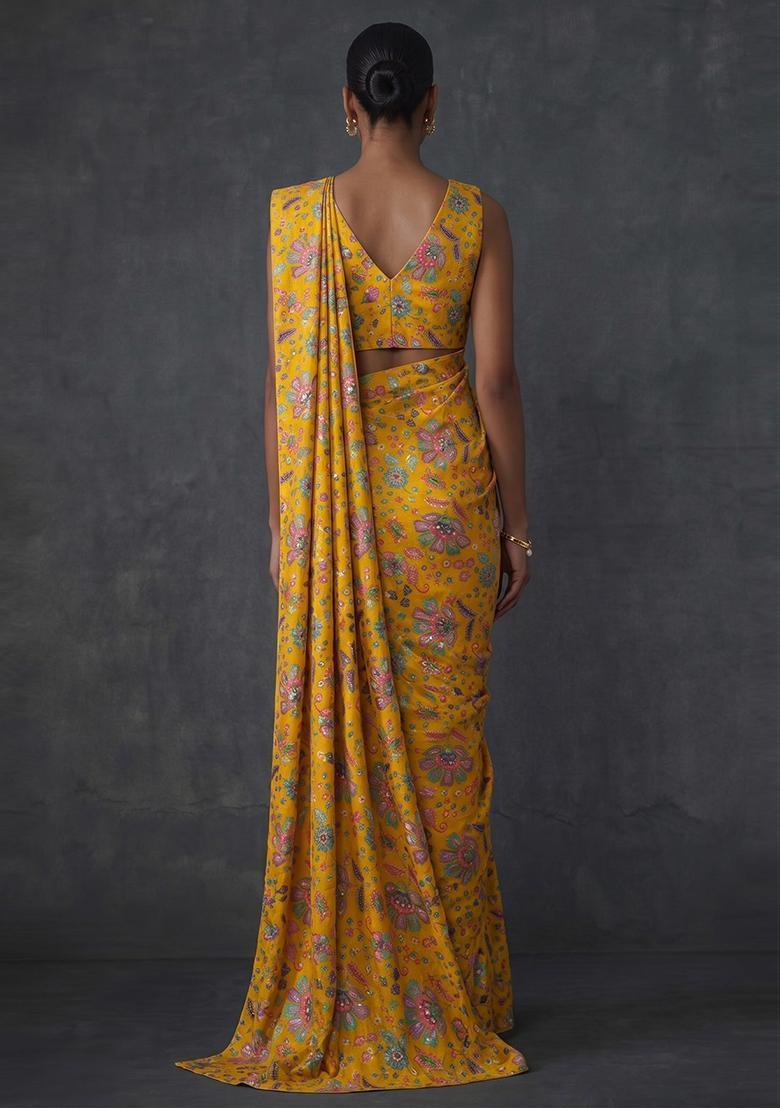 Mustard Printed Crepe Pre Draped Saree Set - Indya