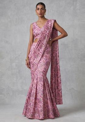 Pink Printed Crepe Pre Draped Saree Set