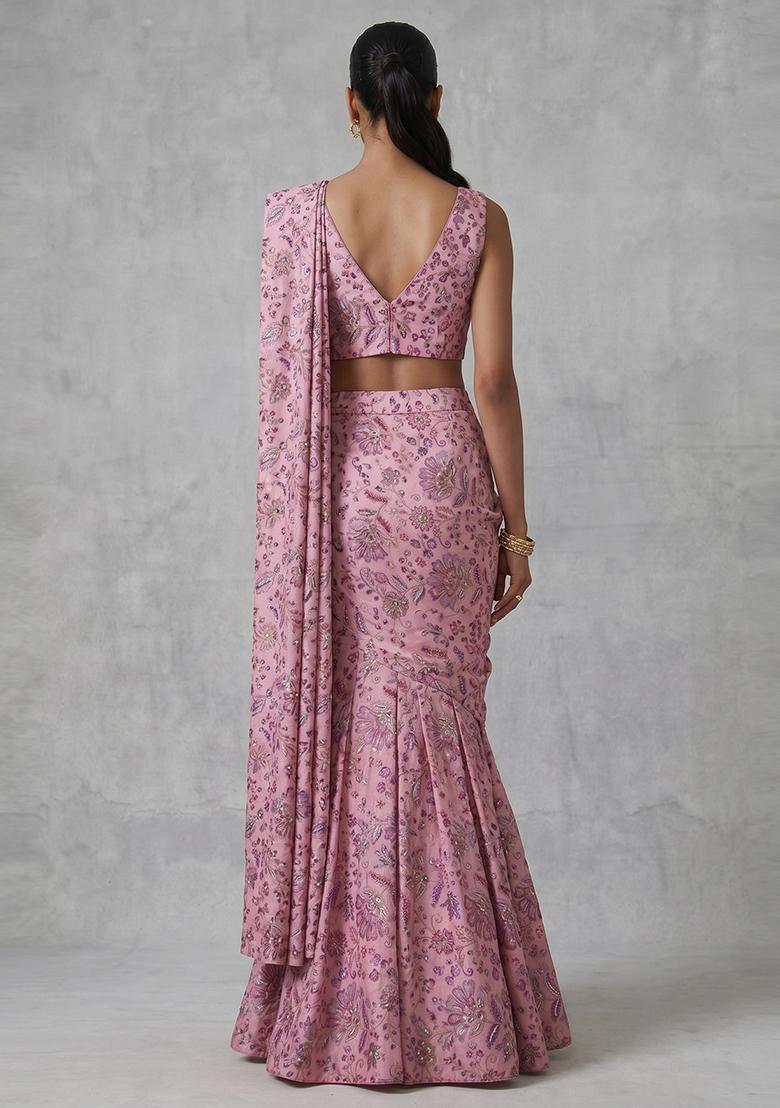 Pink Printed Crepe Pre Draped Saree Set - Indya