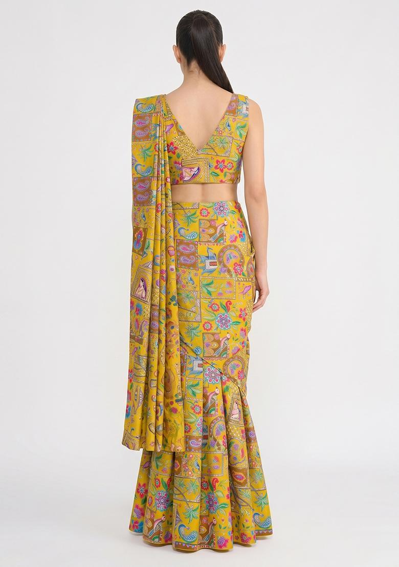 Yellow Printed Crepe Pre Draped Saree Set - Indya