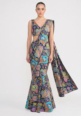 Navy Blue Printed Crepe Pre Draped Saree Set