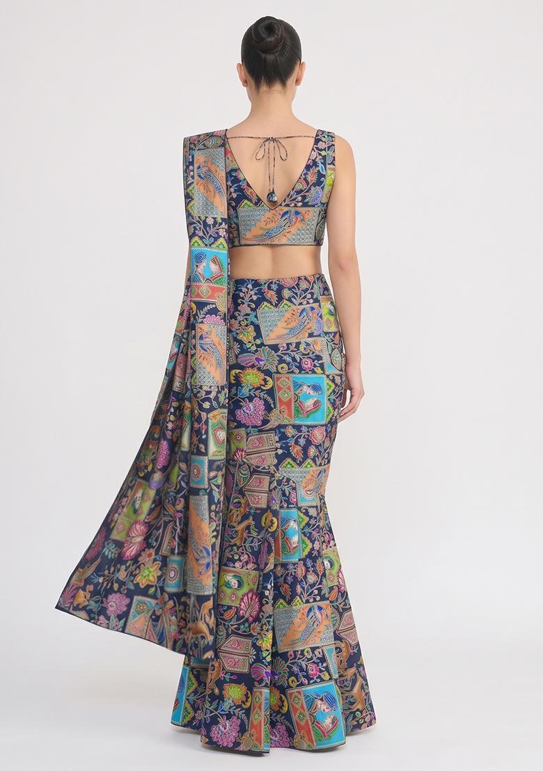 Navy Blue Printed Crepe Pre Draped Saree Set - Indya