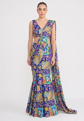 Royal Blue Printed Crepe Pre Draped Saree Set