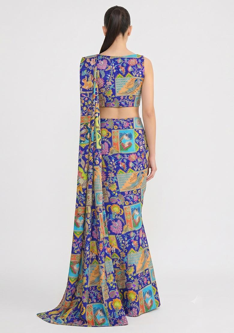 Royal Blue Printed Crepe Pre Draped Saree Set - Indya