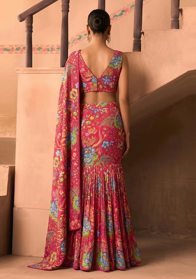 Pink Printed Chinon Pre Draped Saree Set - Indya