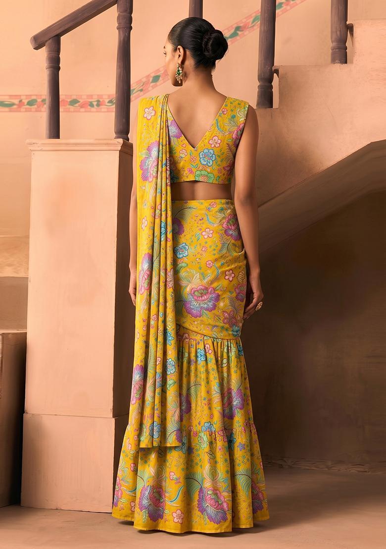 Yellow Printed Chinon Pre Draped Saree Set - Indya