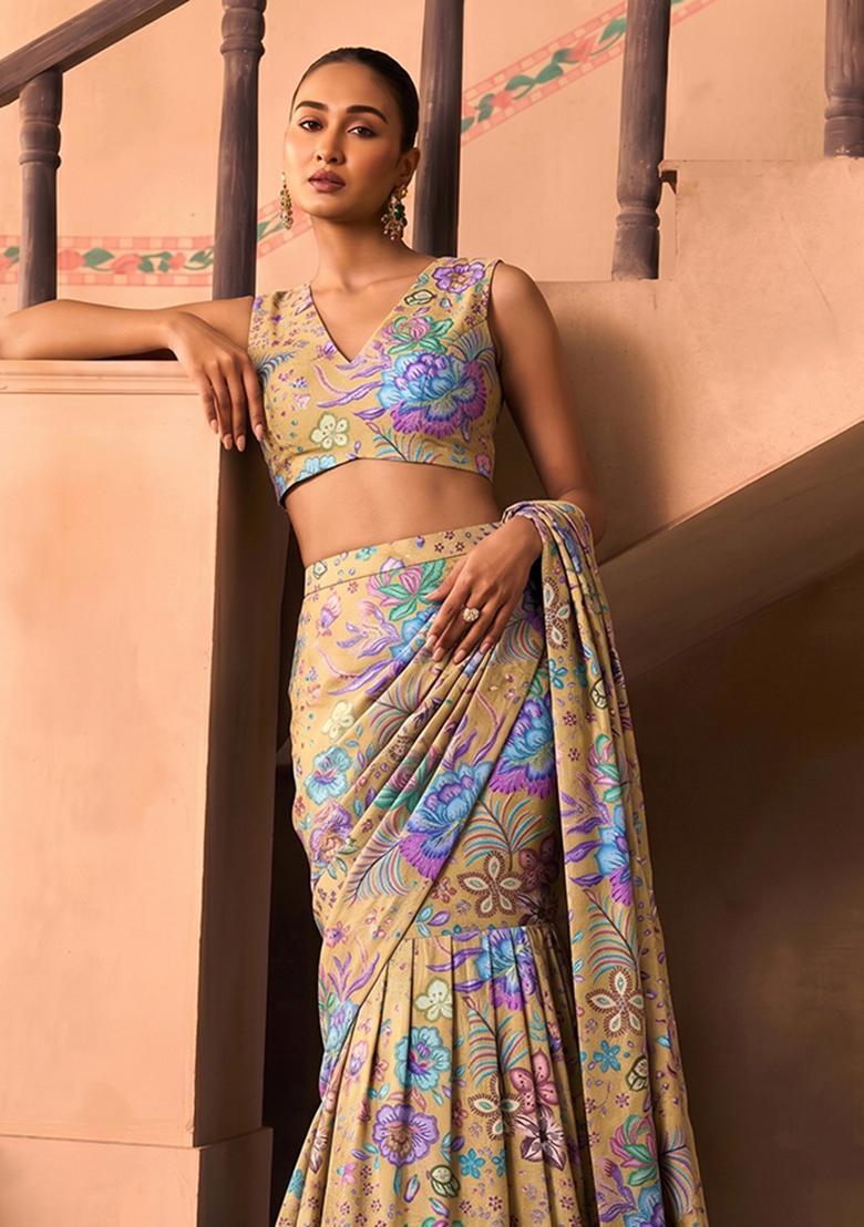 Beige Printed Chinon Pre Draped Saree Set - Indya
