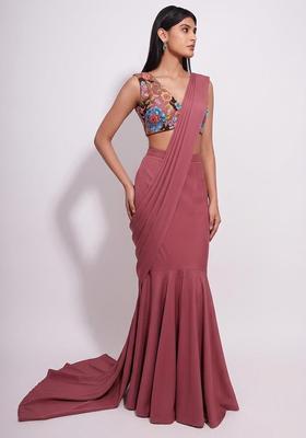 Mauve Printed Crepe Pre Draped Saree Set
