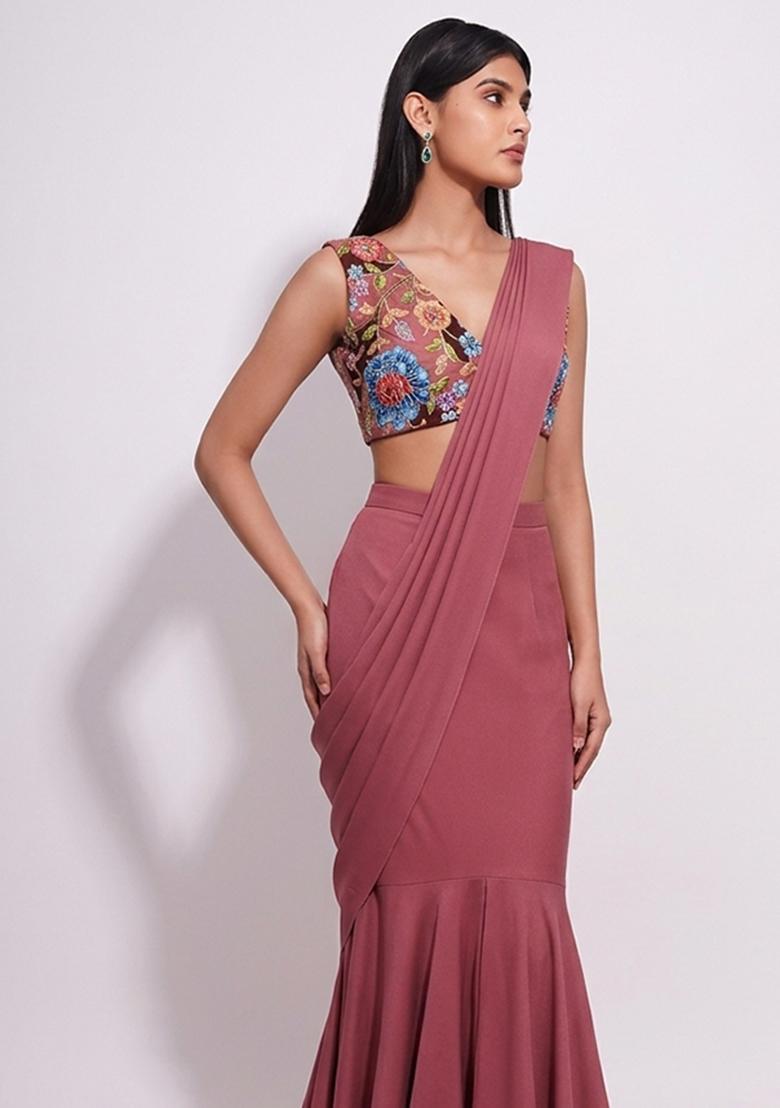 Mauve Printed Crepe Pre Draped Saree Set - Indya