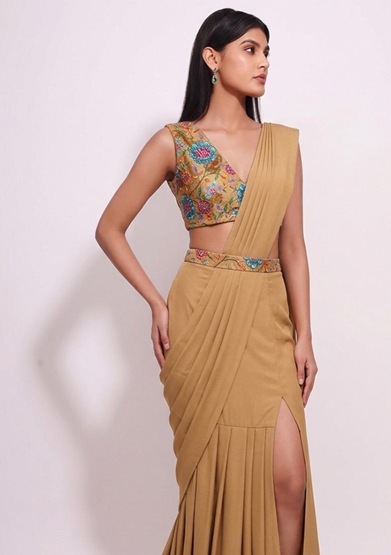 Beige Printed Crepe Pre Draped Saree Set - Indya