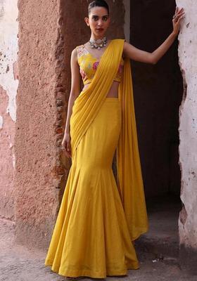 Mustard Printed Organza Pre Draped Saree Set