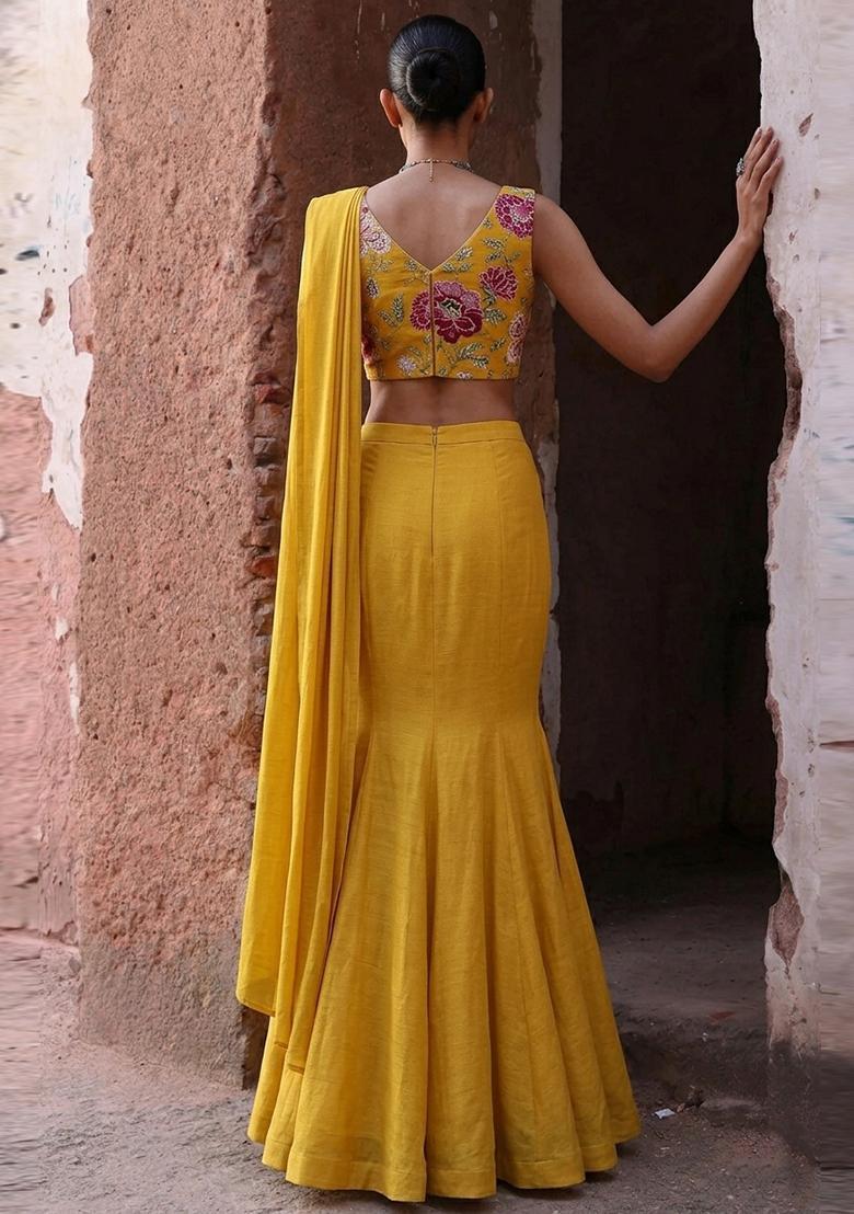Mustard Printed Organza Pre Draped Saree Set - Indya