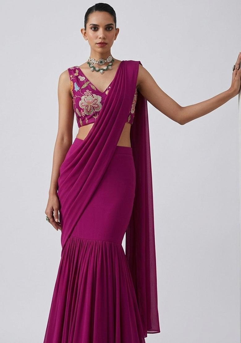 Magenta Printed Organza Pre Draped Saree Set - Indya
