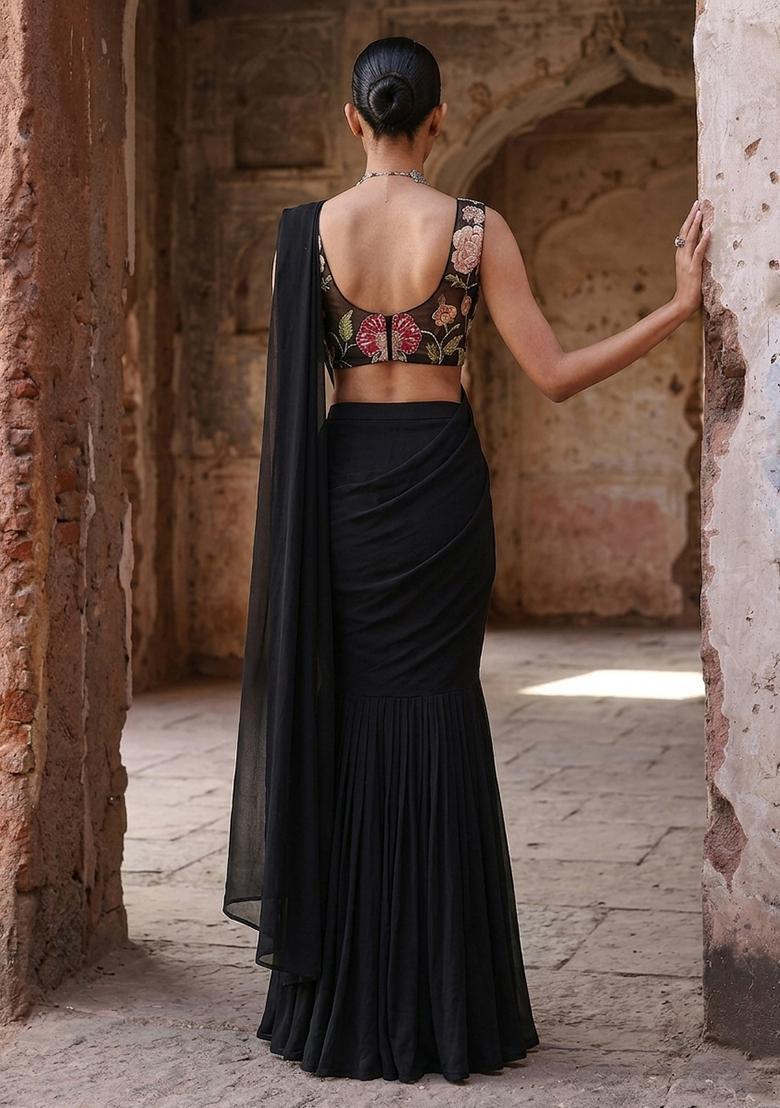 Black Printed Organza Pre Draped Saree Set - Indya