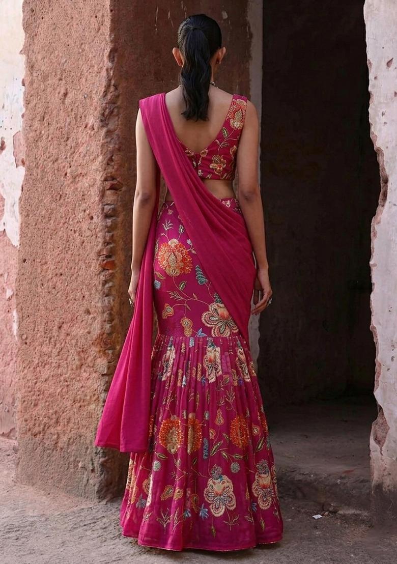 Magenta Printed Organza Pre Draped Saree Set - Indya