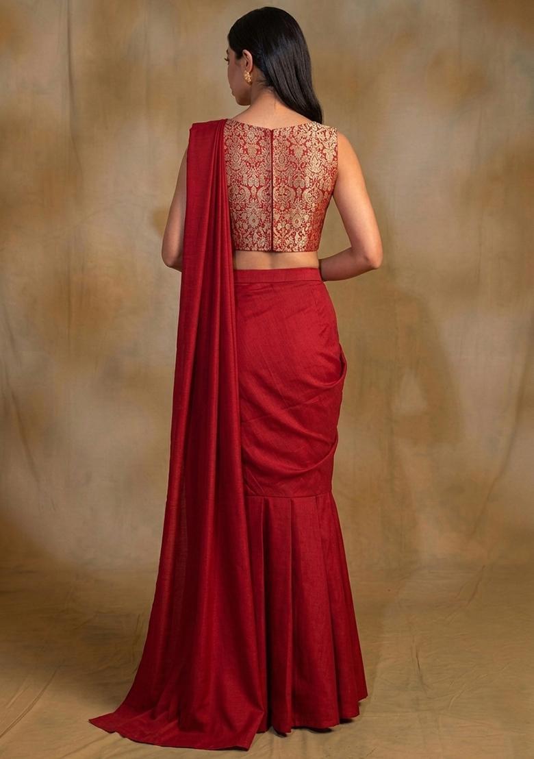 Deep Red Brocade Pre Draped Saree Set - Indya