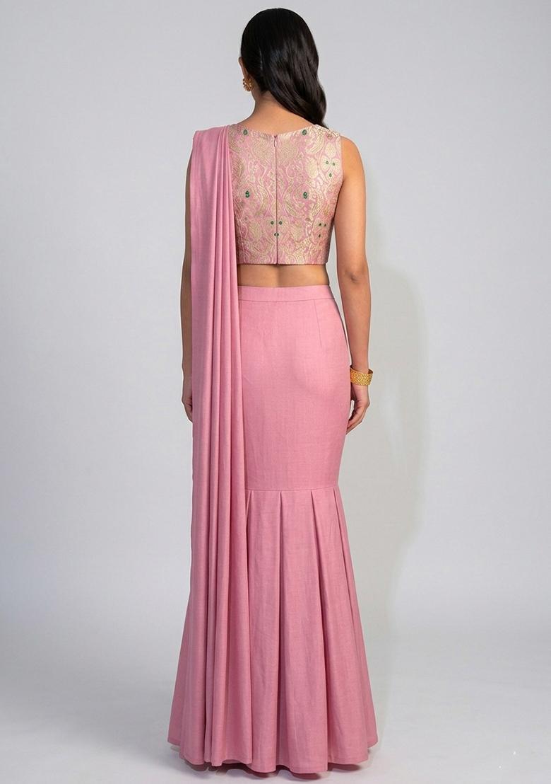 Pink Brocade Pre Draped Saree Set - Indya