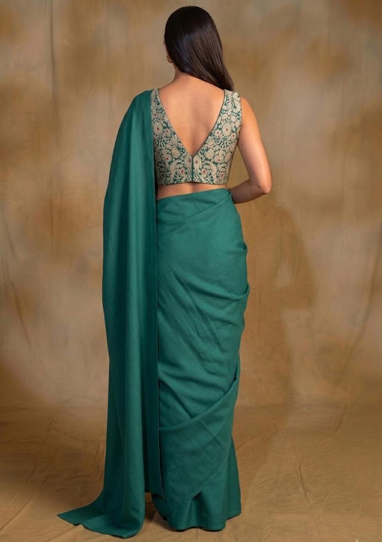 Emerald Green Brocade Pre Draped Saree Set - Indya