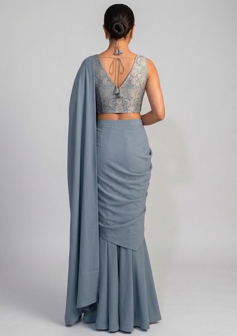 Slate Grey Brocade Pre Draped Saree Set - Indya