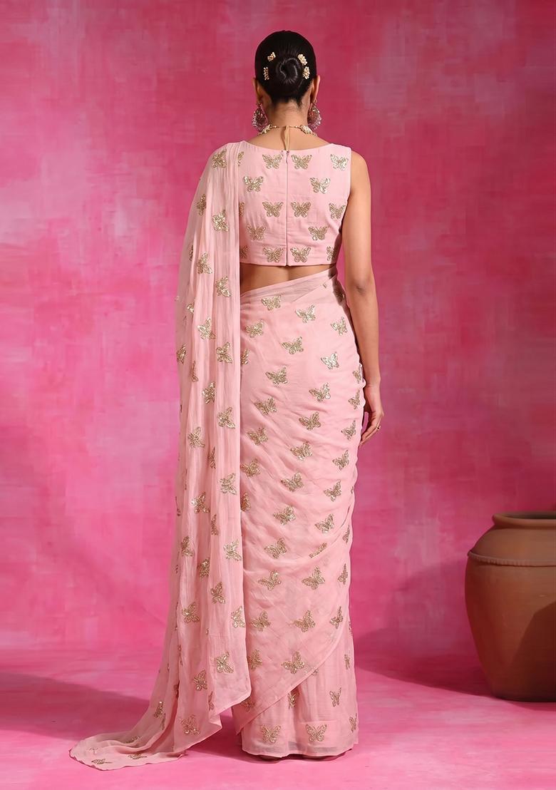 Pastel Pink Embroidered Organza Pre Draped Saree Set - Indya