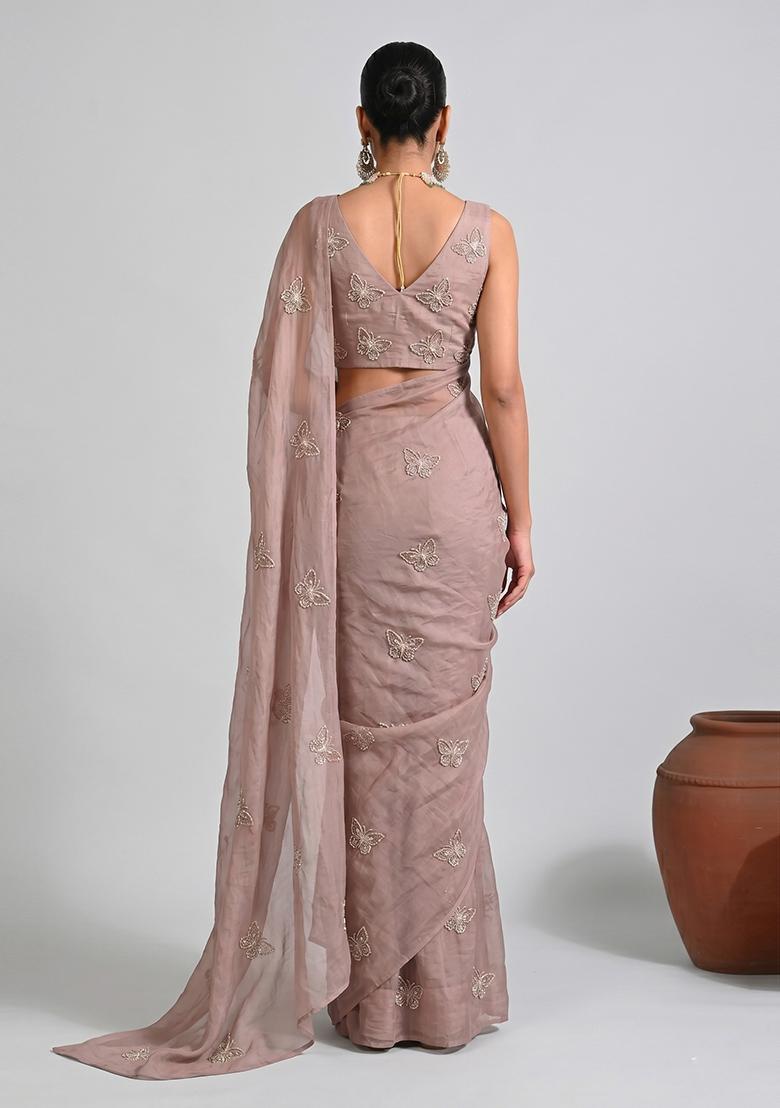 Pastel Pink Embroidered Organza Pre Draped Saree Set - Indya