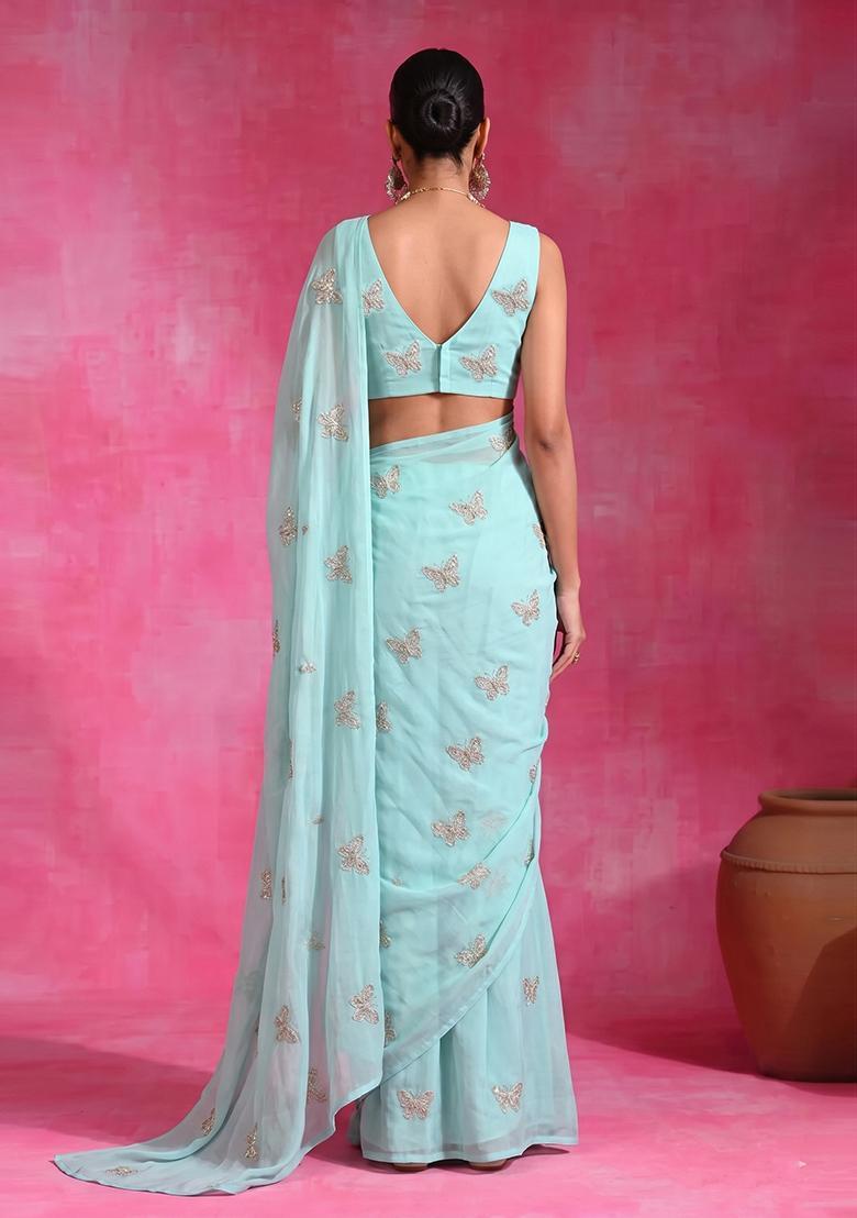Pastel Pink Embroidered Organza Pre Draped Saree Set - Indya