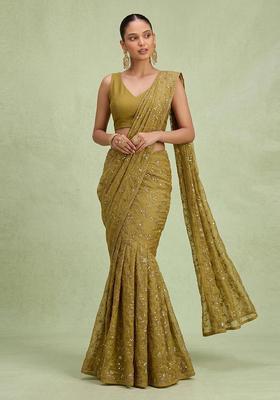 Olive Green Embroidered Organza Pre Draped Saree Set