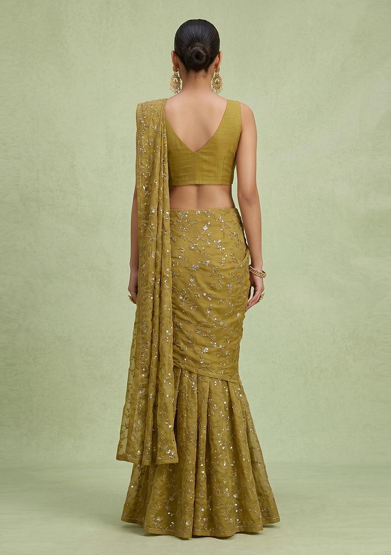 Olive Green Embroidered Organza Pre Draped Saree Set - Indya