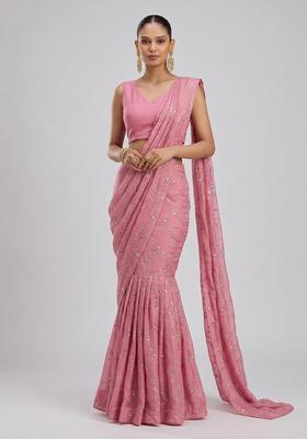 Pink Embroidered Organza Pre Draped Saree Set