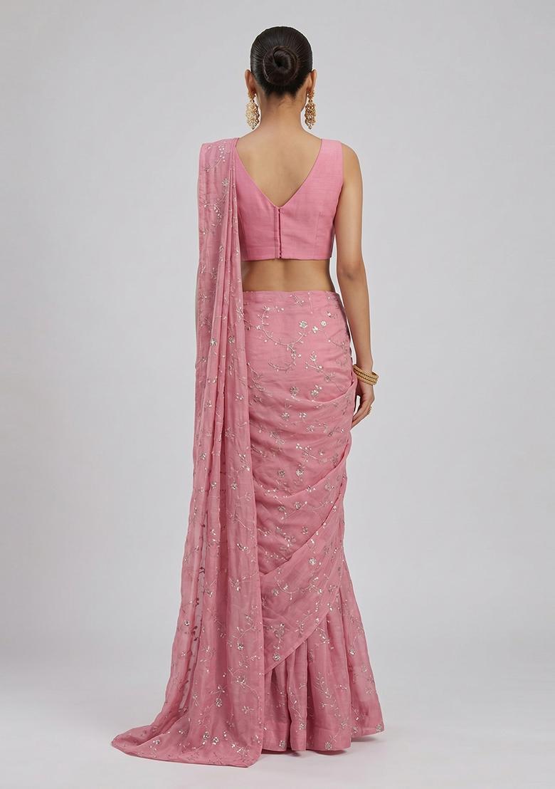 Pink Embroidered Organza Pre Draped Saree Set - Indya