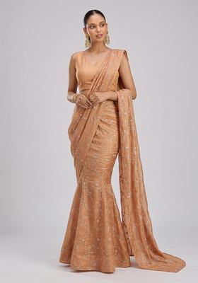 Blush Pink Embroidered Organza Pre Draped Saree Set