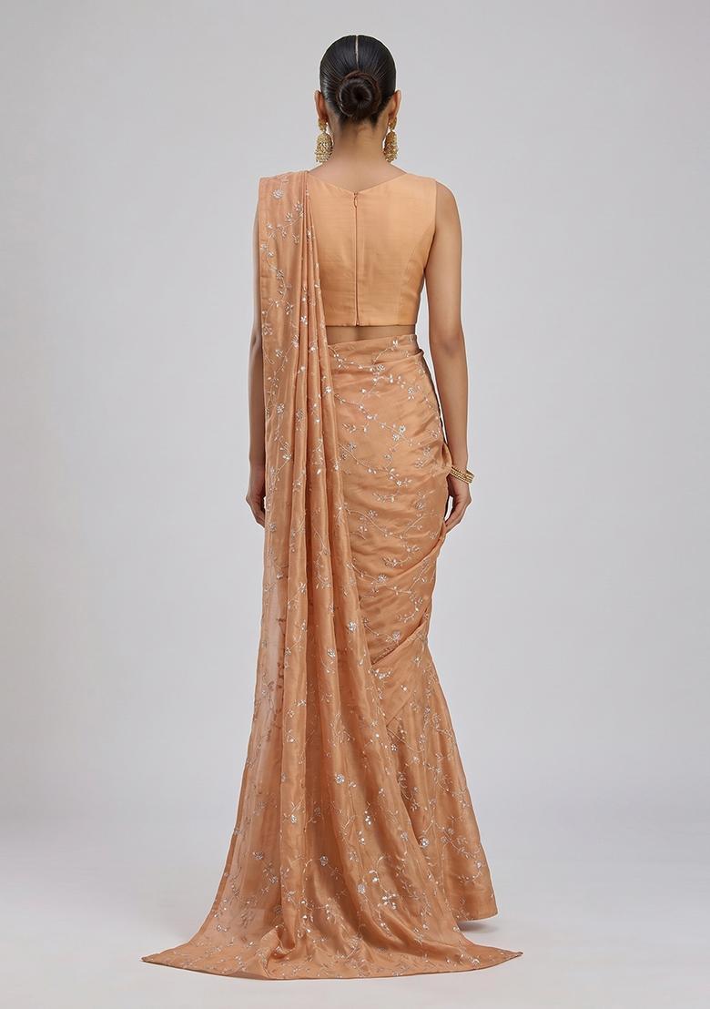 Blush Pink Embroidered Organza Pre Draped Saree Set - Indya