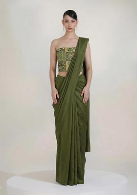 Olive Green Printed Crepe Pre Draped Saree Set