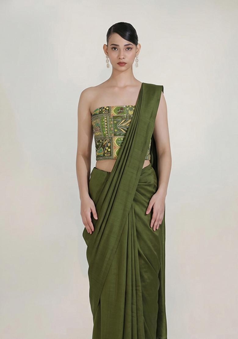 Olive Green Printed Crepe Pre Draped Saree Set - Indya
