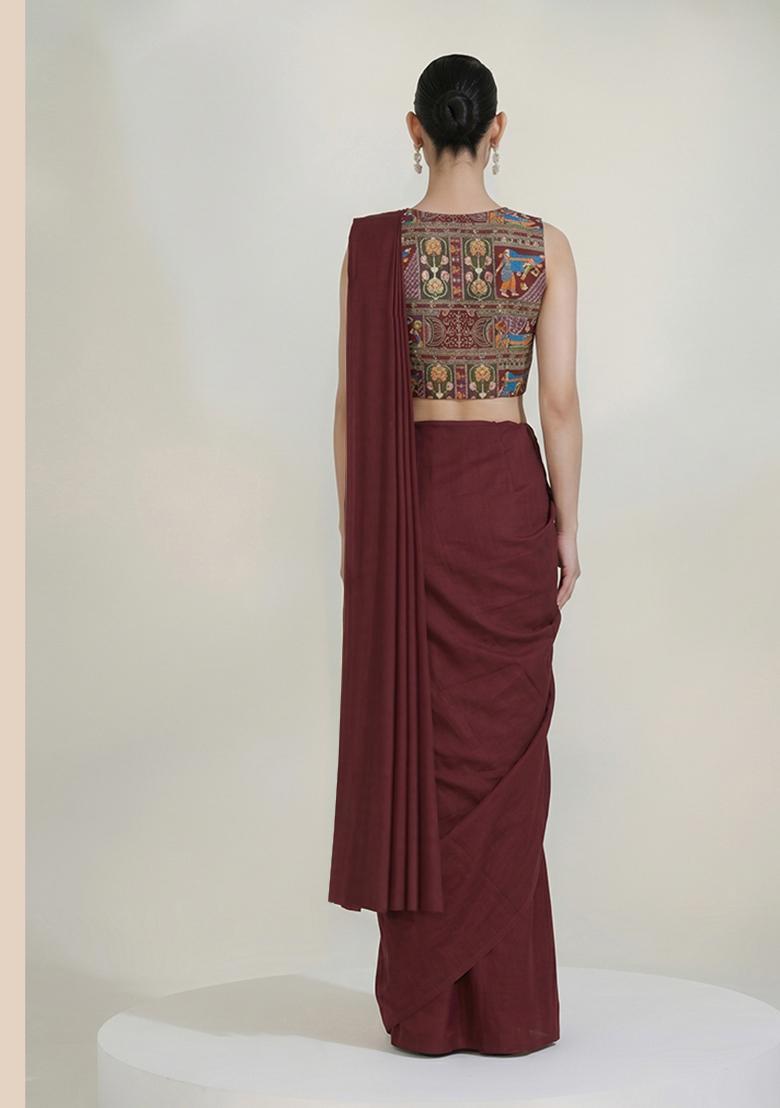 Maroon Printed Crepe Pre Draped Saree Set - Indya
