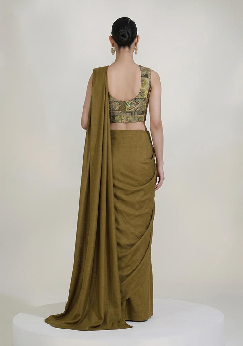 Olive Green Printed Crepe Pre Draped Saree Set - Indya