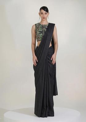 Black Printed Crepe Pre Draped Saree Set