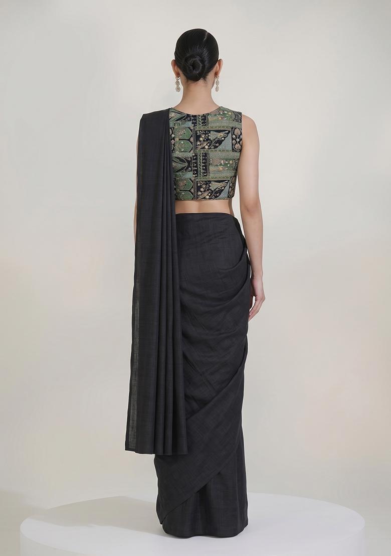 Black Printed Crepe Pre Draped Saree Set - Indya