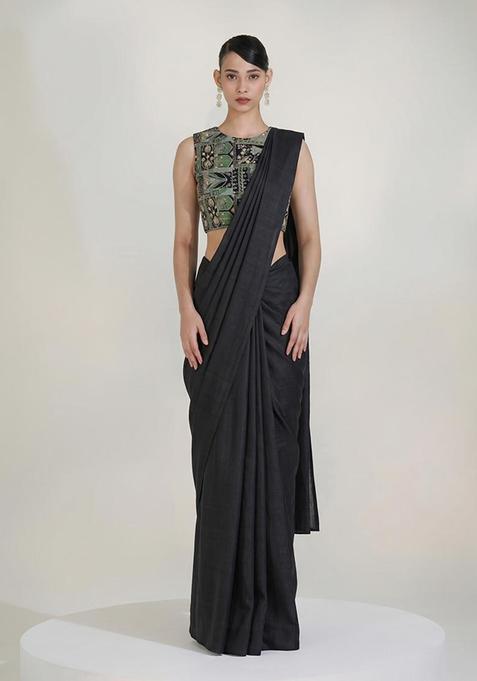 Black Printed Crepe Pre Draped Saree Set