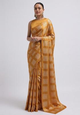 Musatrd Yellow Embroidered Georgette Pre Draped Saree Set