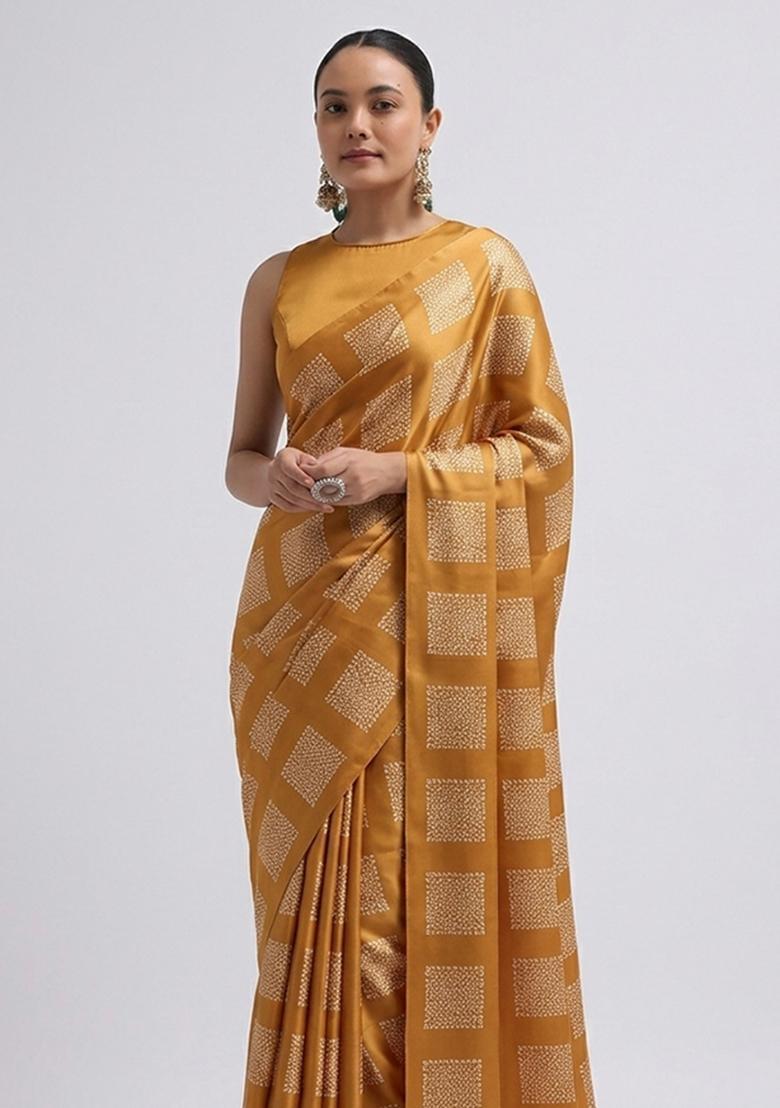 Musatrd Yellow Embroidered Georgette Pre Draped Saree Set - Indya
