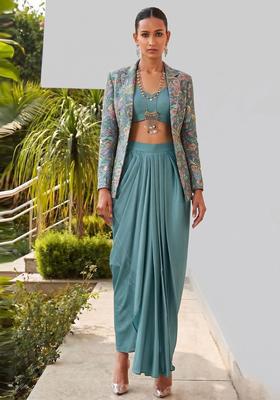 Sea Green Printed Crepe Fusion Set