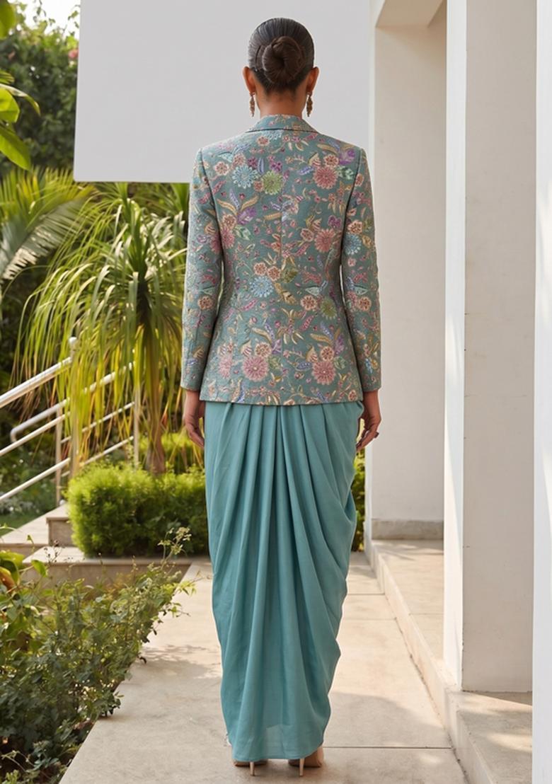 Sea Green Printed Crepe Fusion Set - Indya