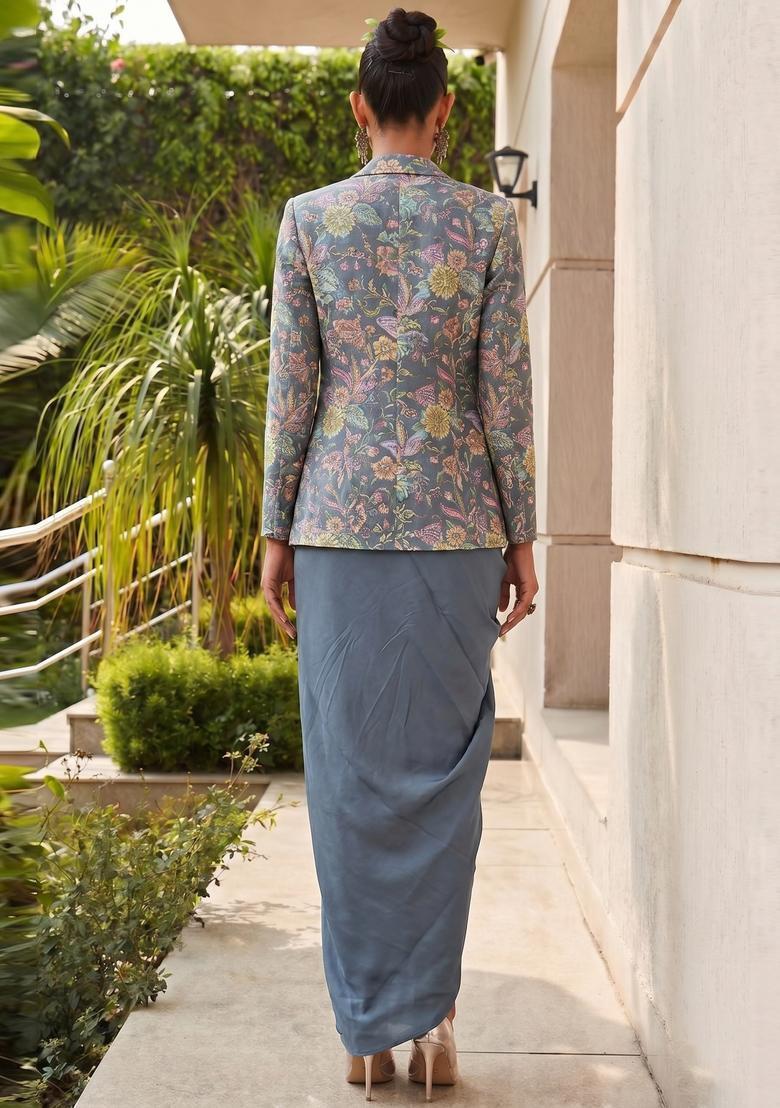 Steel Blue Printed Crepe Fusion Set - Indya