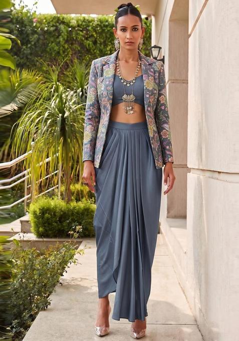 Steel Blue Printed Crepe Fusion Set