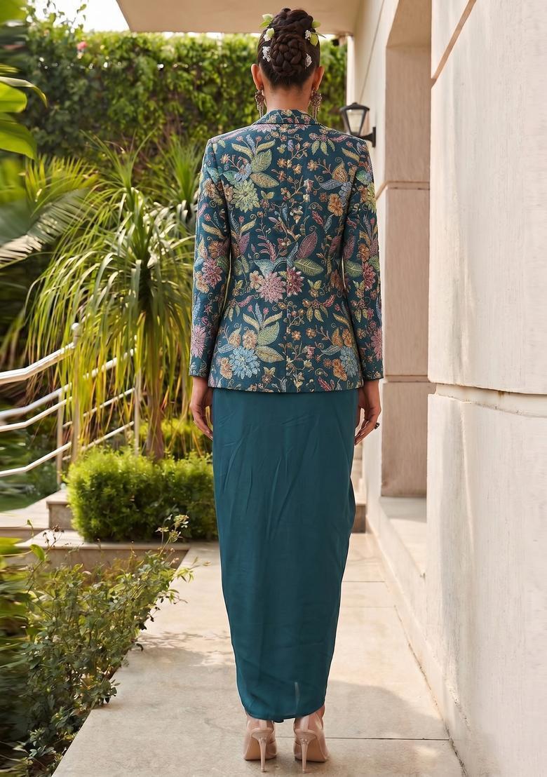 Deep Teal Printed Crepe Fusion Set - Indya