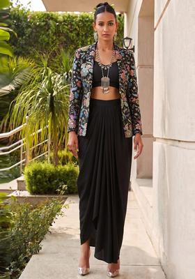 Black Printed Crepe Fusion Set
