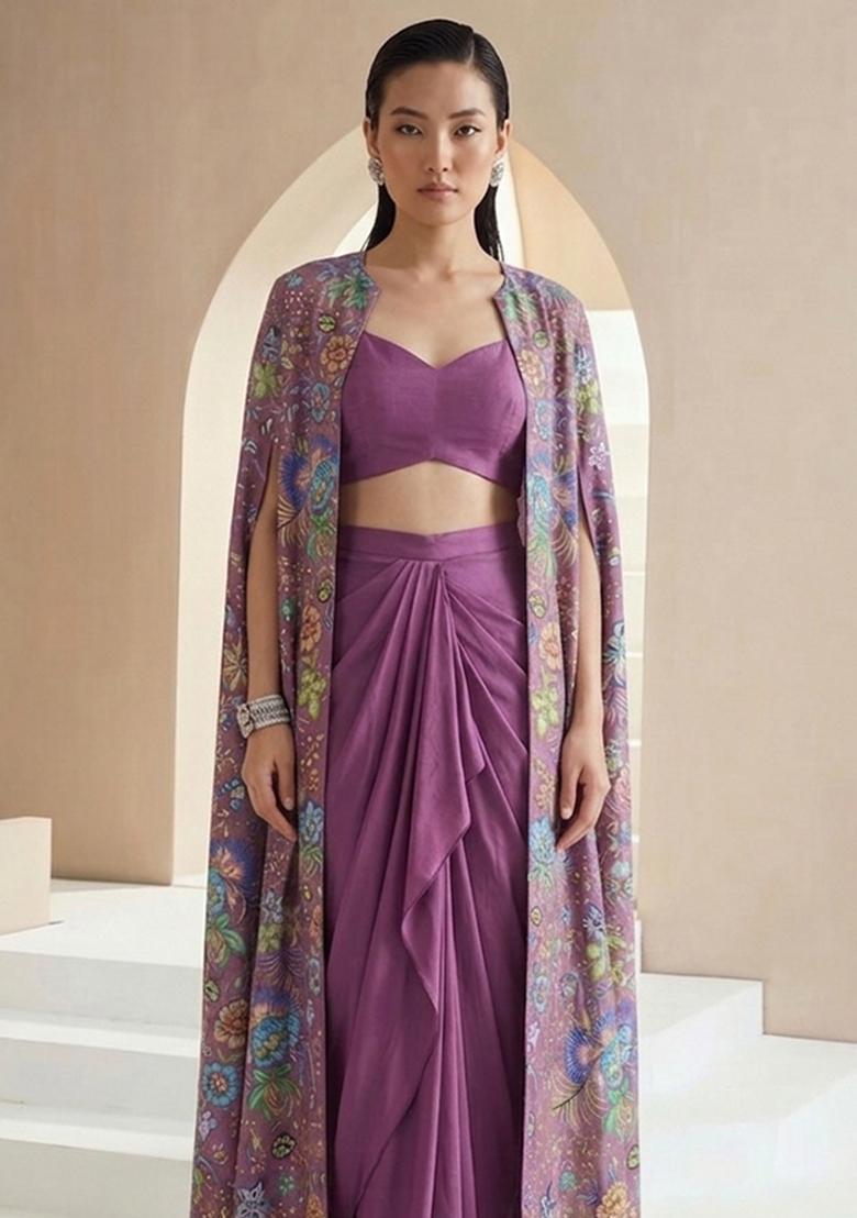 Purple Printed Chinon Fusion Set - Indya